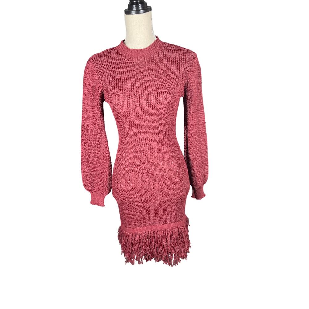Allyson Red Knit Fringe Hem Dress Size S/M NWT | Long Sleeve Bodycon Textured - Picture 2 of 10